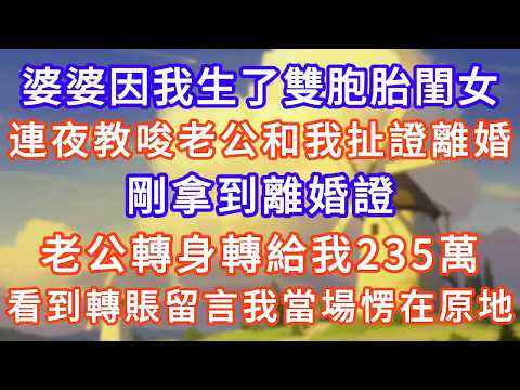 婆婆因我生了雙胞胎閨女，連夜教唆老公和我扯證離婚，剛拿到離婚證，老公轉身轉給我235萬，看到轉賬留言我當場愣在原地！#生活經驗#情感故事#故事#小說#情感#婚姻#深夜淺讀 深夜淺讀#說故事