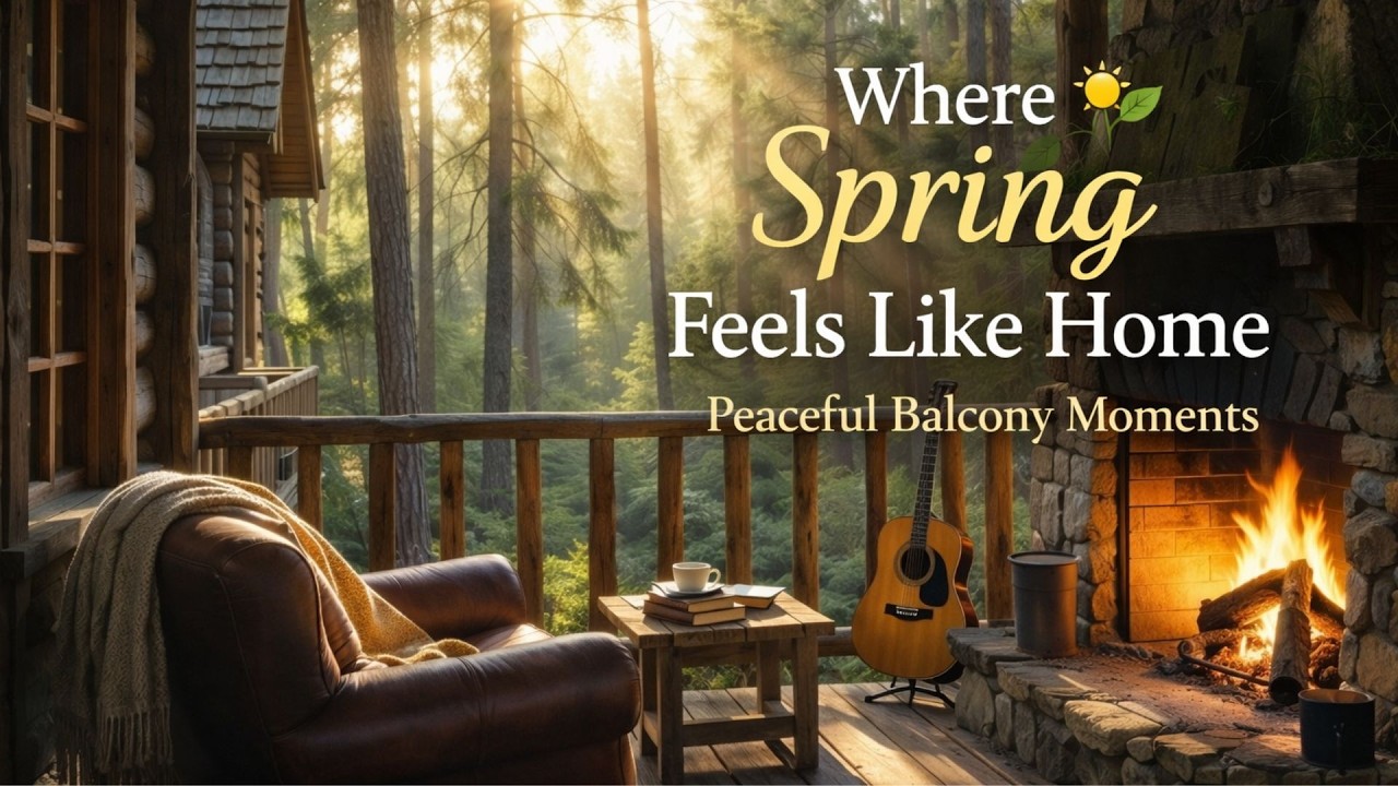 Peaceful Balcony Moments in Spring 🌿☕ Acoustic Guitar Music with Forest Views & Fireplace