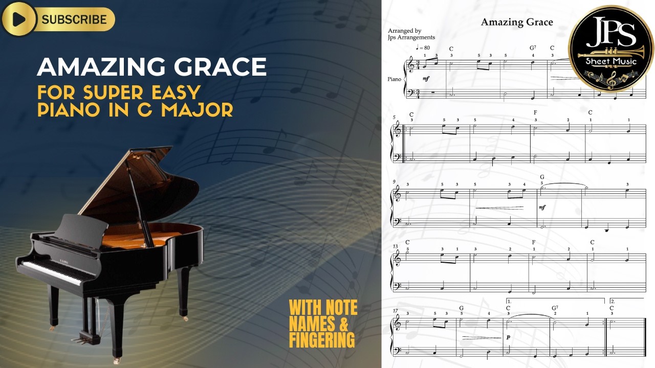 Amazing Grace - Easy Piano Tutorial - C Major (With Chords)