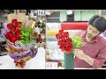 Flower arrangement using floral foam, with flower bouquet wrapping