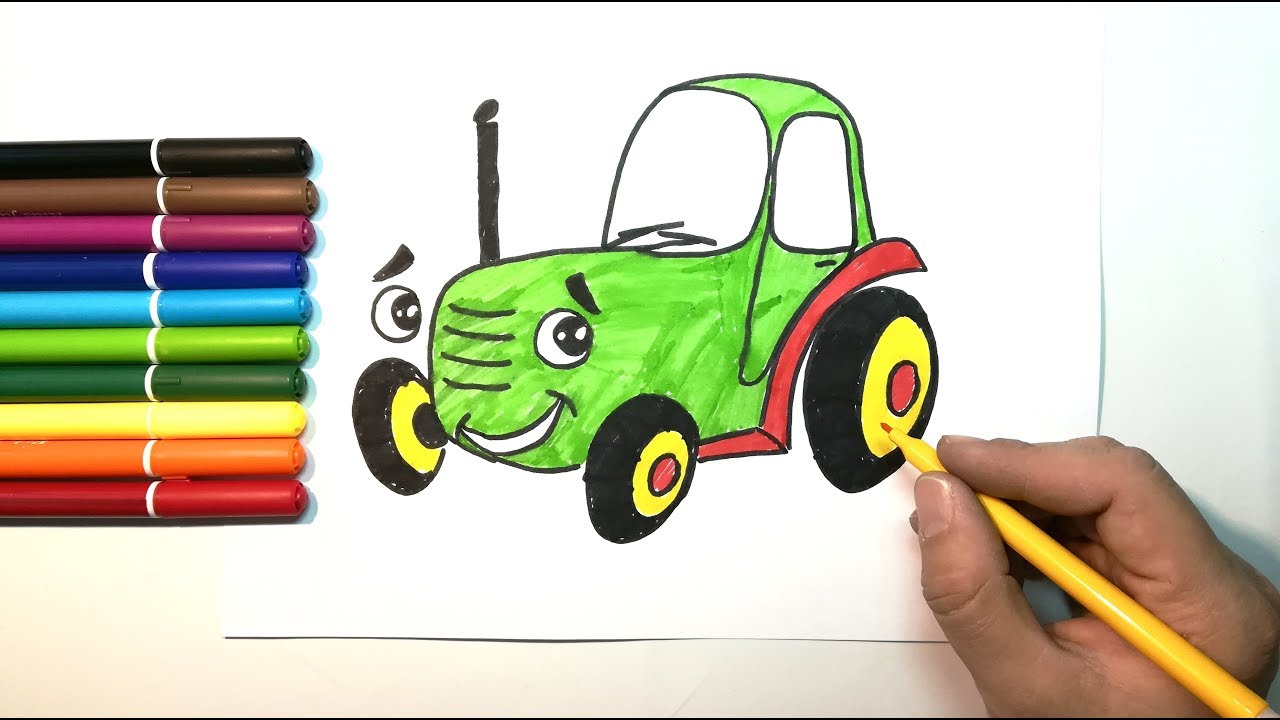 Нарисовать синий трактор поэтапно карандашом для начинающих как из мультика