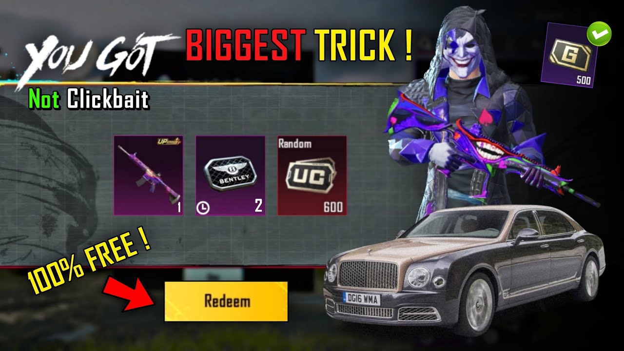 Biggest Trick 😱 Free M4 Fool & Bentley Car In Bgmi | Bgmi Free M416 Fool Trick | Free Uc In Bgmi