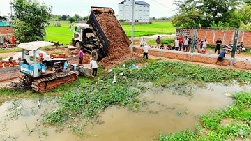 First Start New Complete Project! Dump Truck Unloading Soil And Skill Bulldozer Pushing Soil After