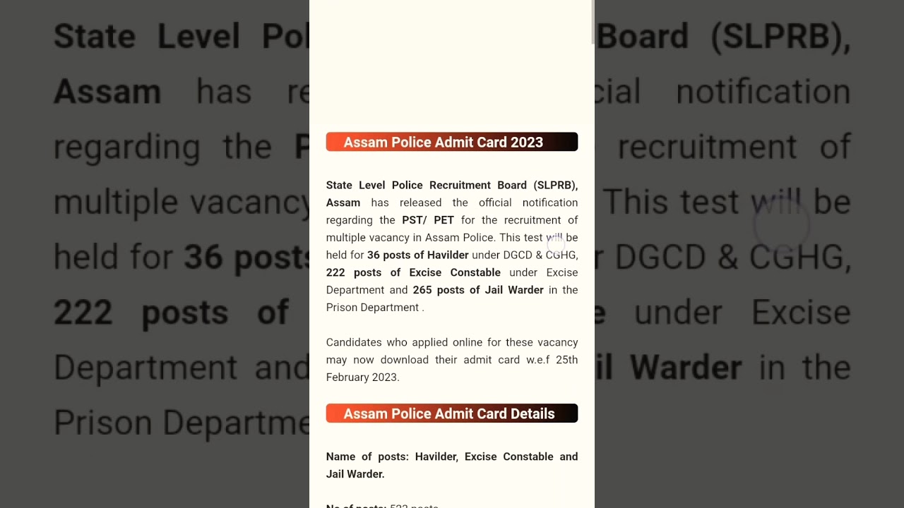 Assam police admit card Havildar, Excise Constable, Jail warder PET/PST 2023 ||