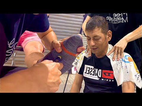 ASMR カチカチ肩こりの長距離ドライバーの男性に肩もみと足ツボリフレクソロジーの癒しマッサージ！
