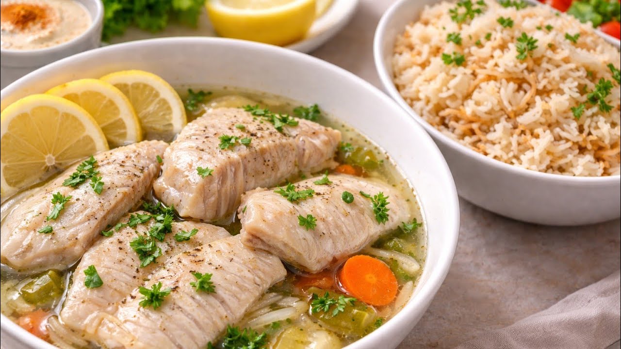 السمك المسلوق الصح من غير زفارة مع رز بالشعيرية أكلة صحية لو بتعملي دايت  سمك شوربة تحفة مع رز أبيض