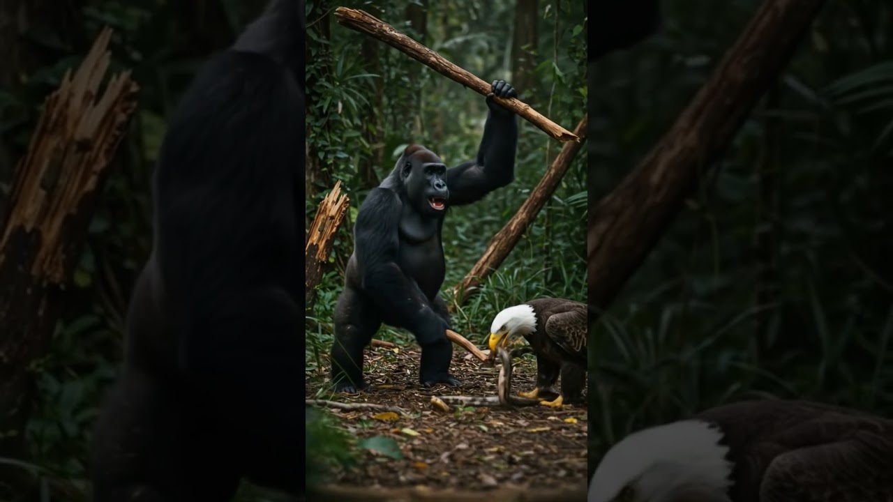 Gorilla and eagle fighting over snake