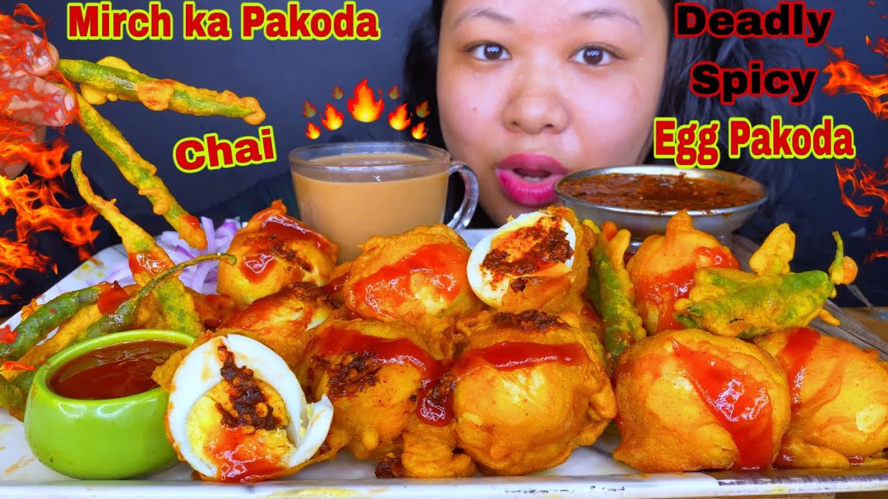 🔥SPICY PAKODA CHALLENGE🔥LOT OF BOILED EGG PAKODA, MIRCH KE PAKODA, SPICIEST CHUTNEY & CHAI MUKBANG 