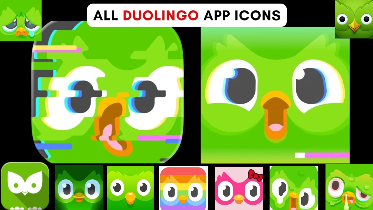 Все когда-либо созданные иконки приложения Duolingo (включая самые новые).