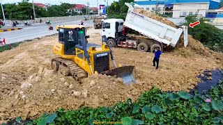 EP 2!! Update Construction Resize Land on Lake by Bulldozer SHANTUI and Dump truck 24Ton Unloading