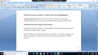 Session 7 Difference between Count(*) , Count (1) and Count(ColumnName)