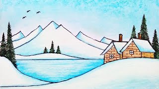 Cara Menggambar Pemandangan Gunung Saat Musim Dingin atau Musim Salju Dengan Oil Pastel
