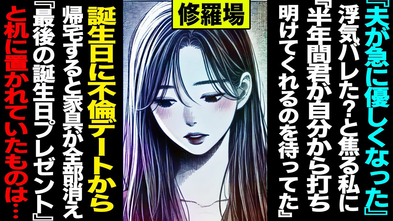【漫画】「夫が急に優しくなった」浮気バレた？と思いきや→「半年間君が自分から打ち明けてくれるのを待ってた」誕生日に不倫デートから帰宅すると家具が全部消え「最後の誕生日プレゼント」と言い離婚届が(修羅場