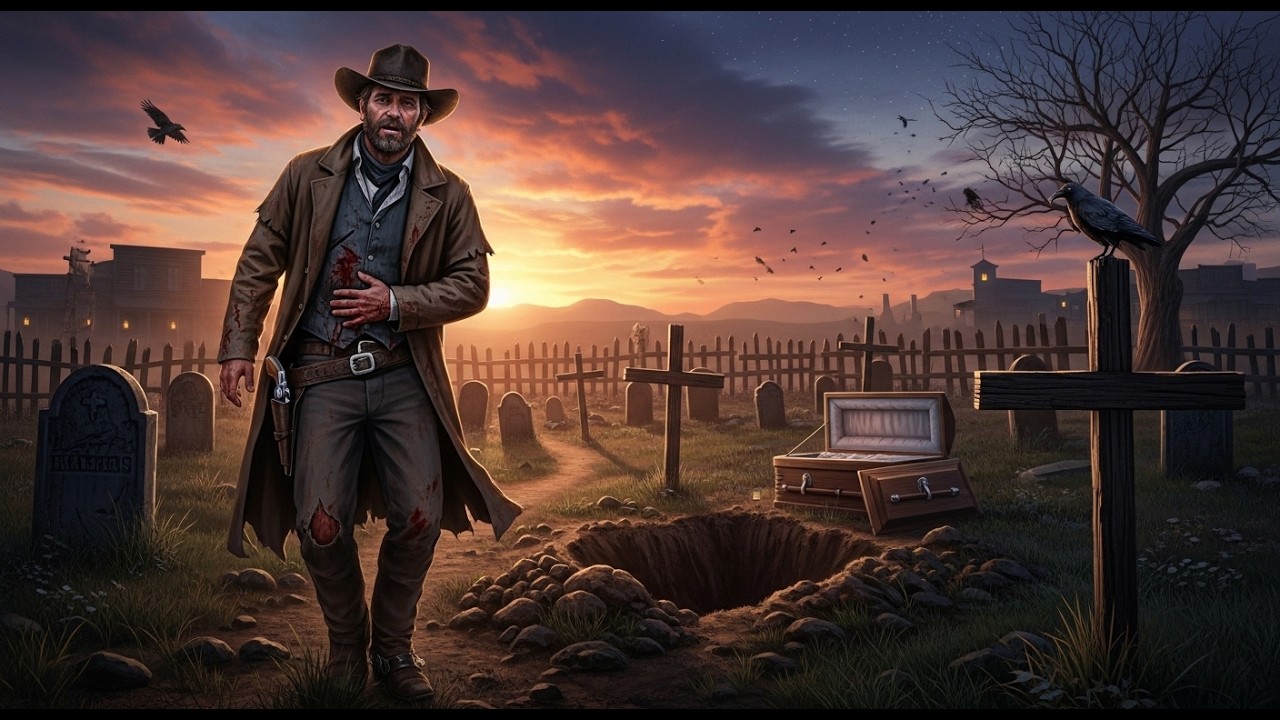 El pistolero herido encontró el cementerio del pueblo, entró y se dio cuenta de que algo lo estaba..