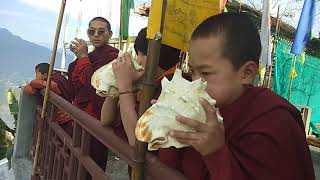 A sikkimese monk blowing conch