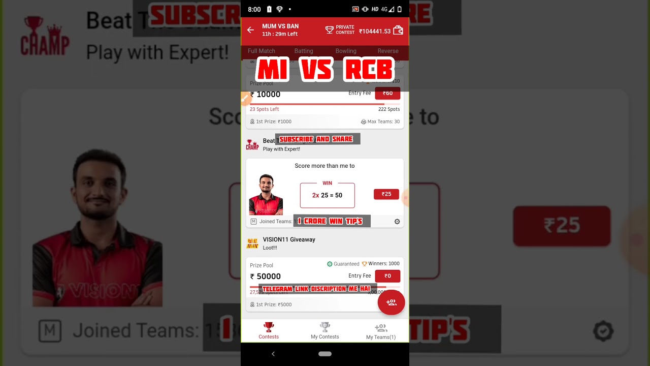 Mi vs rcb Match dream11 gl Team l mum vs blr vision11 prediction lgl 1st prize 2 crores win tips