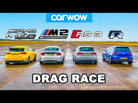 AMG A45S v BMW M2 v Audi RS3 v VW Golf R: DRAG RACE, ROLLING RACE & BRAKE TEST!