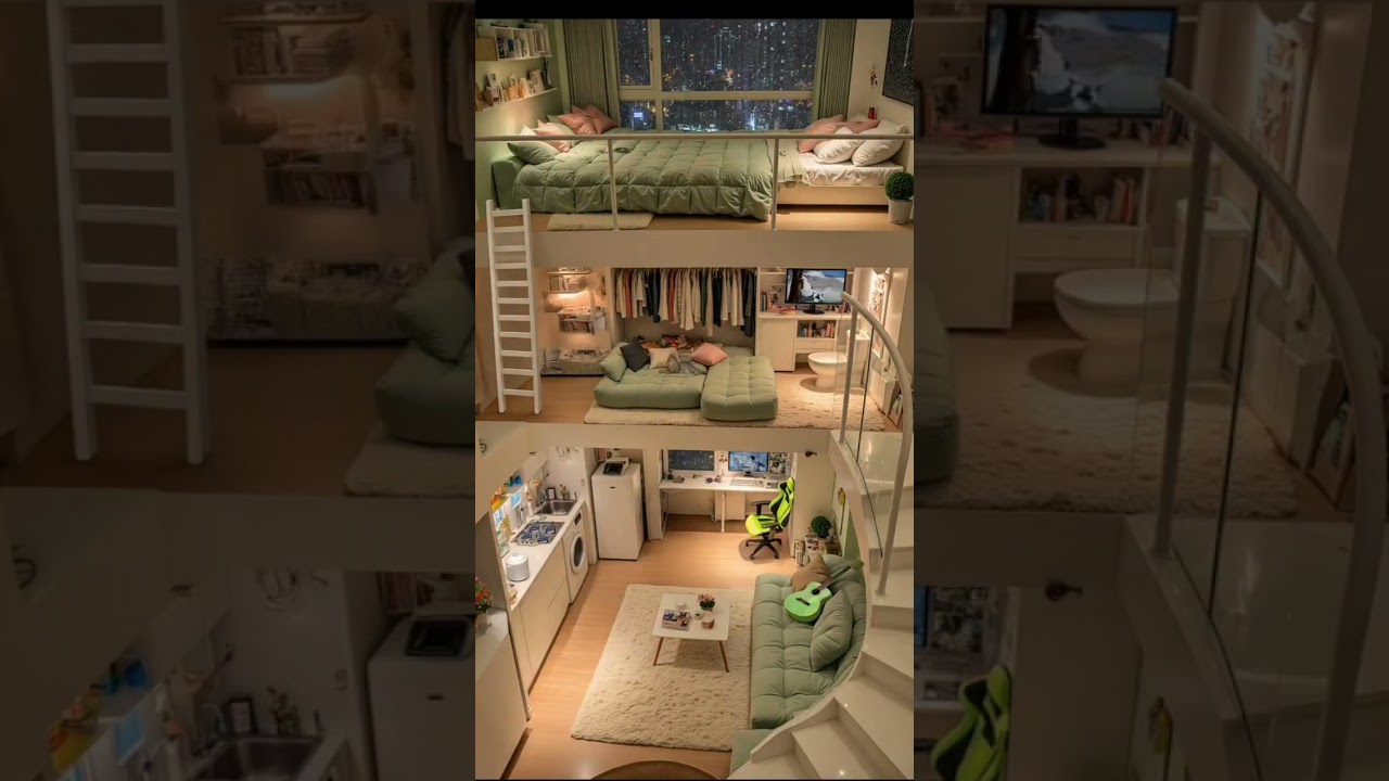 Modern Multi-Tier Studio Apartment with Soft Green Accents, Panoramic Night Views, subscribe 10k