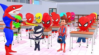 Superhero Spiderman challenges getting to school |on a fun story classroom vs shark spiderman roblox
