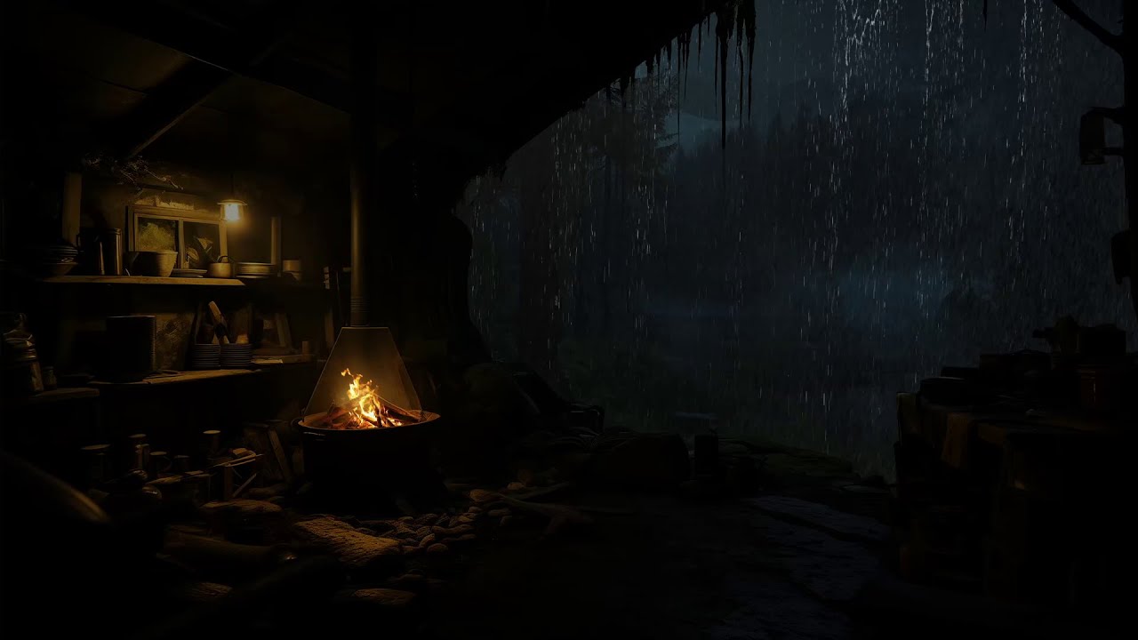 Abrigo Da Floresta Tropical Sob Uma Acolhedora Varanda De Uma Gruta Com Uma Fogueira Acesa🔥🌧️