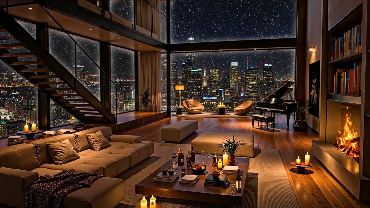 Cozy Apartment in Los Angeles 🌃 Snowy Night with Smooth Jazz Saxophone Music for Relax & Deep Sleep