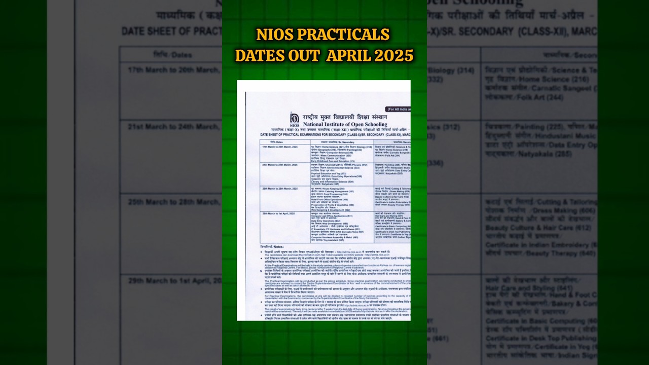 NIOS PRACTICAL EXAM SCHEDULE | Dates, Time & Centers 