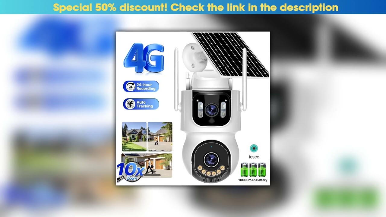 Deal 4G Solar Camera SIM Card 24/7 Recording 10X Zoom Three Screen Camera Built-in Battery 4MP WIFI