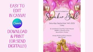 Pink & Gold Sneaker Ball Invitation template, Sneaker ball birthday party invite, pink sneaker ball