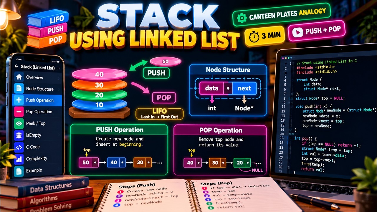 Linked List Implementation of Stack | Push, Pop, Underflow | DSA Exam ...