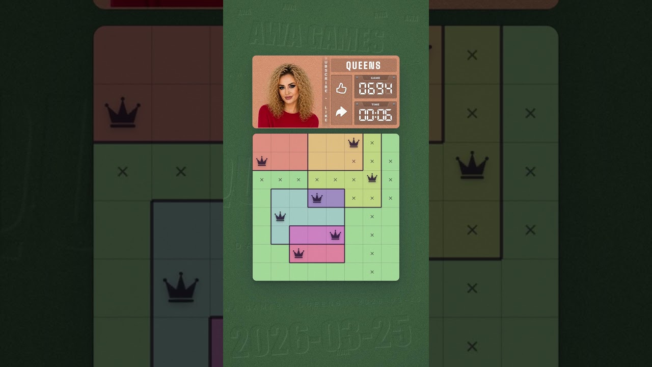 LinkedIn Queens #694 solved board for March 25, 2026, 8x8 grid