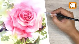 How to paint BEAUTIFUL PINK ROSE  WITHOUT DRAWING Watercolour tutorial Demonstration
