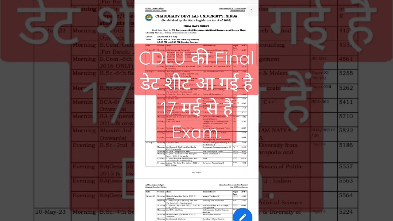 CDLU University Final date sheet