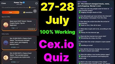 Cex.IO Quiz Answers Today 27 & 28 July | Cex.io Daily Quiz | Cex io daily combo | Cex.io daily quiz