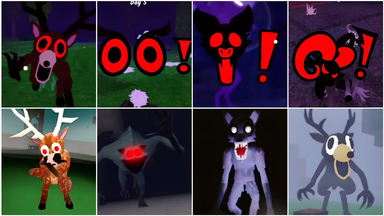 99 nights in the forest original 4 monster + 4 duplicate monster jumpscares in roblox 