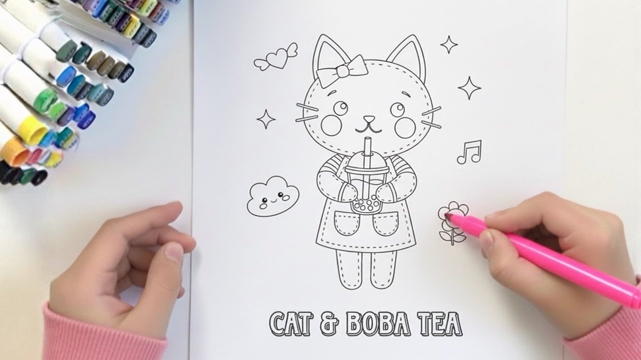 Coloring Cute Kitty & Boba Tea  |ASMR Video | Relaxing Pink Vibes & Cute Aesthetic