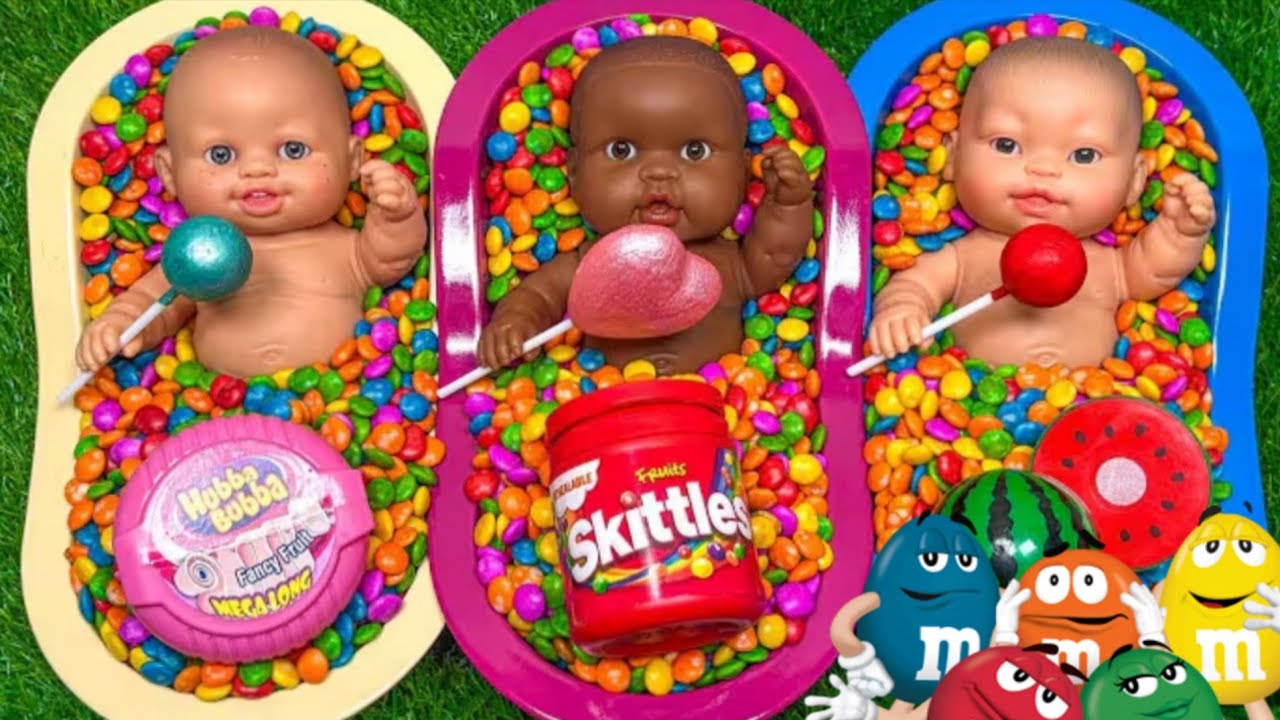 Full of 3 Rainbow BathTubs Candy with M&M's & Magic Slime Cutting Video