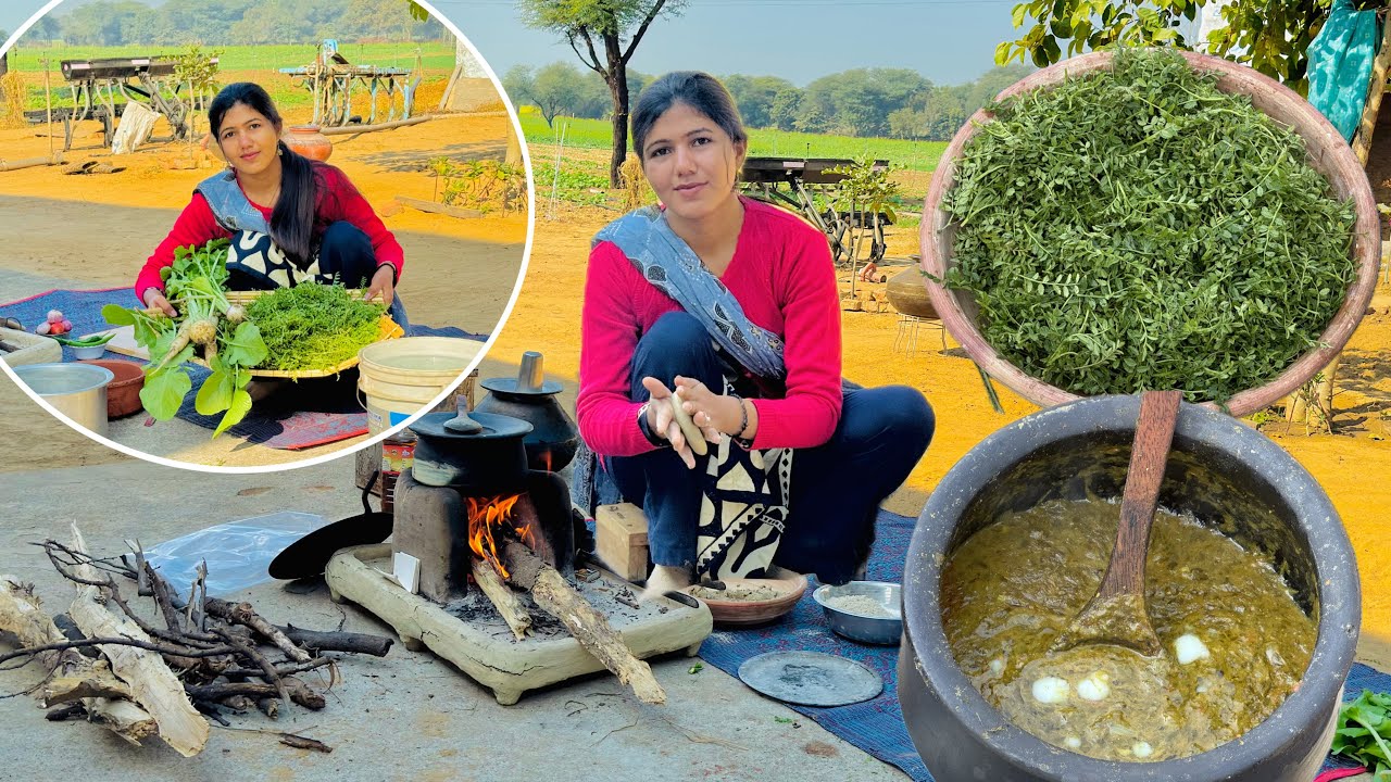 Cooking Chana Saag & Baajre ki Roti On Mud Chulha in Village #desilifestyle
