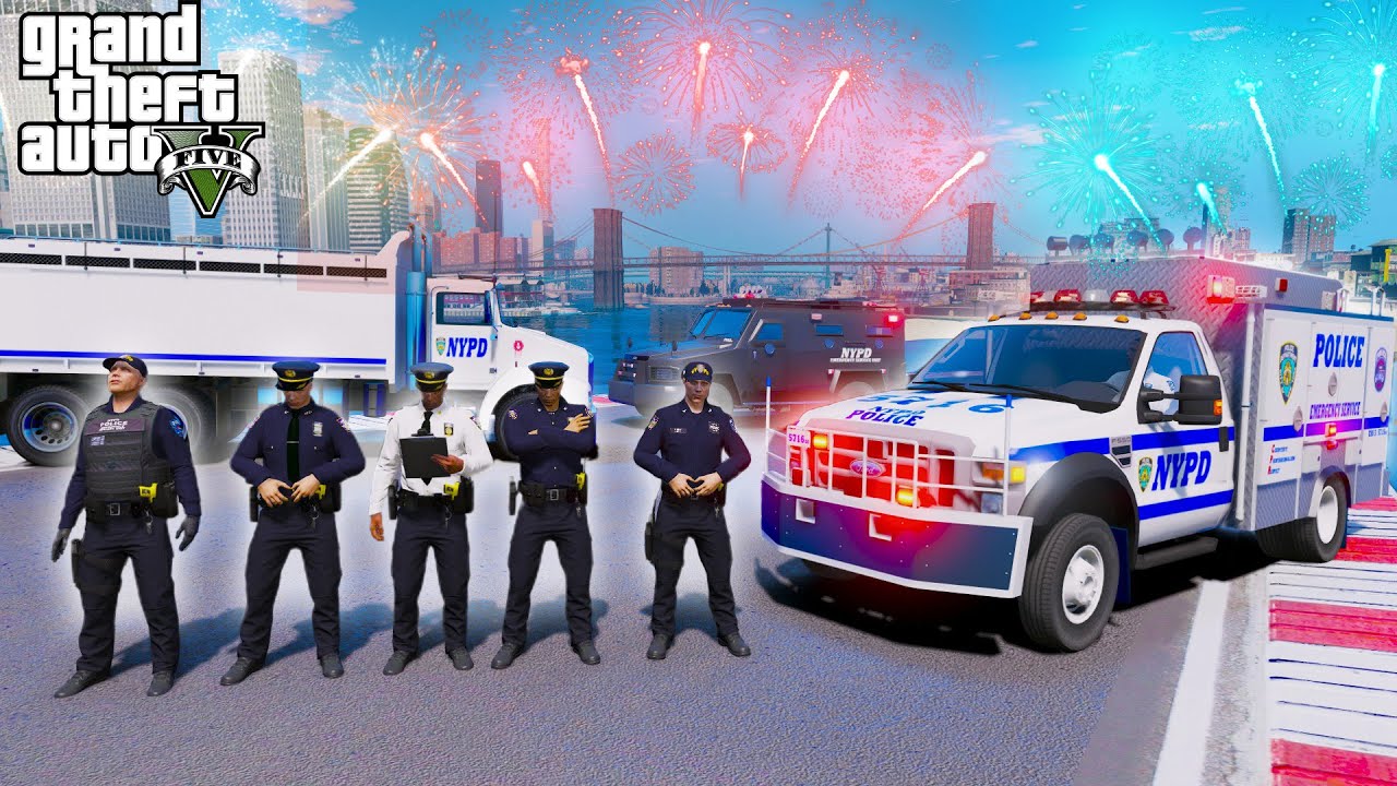 Полиция Нью-Йорка охраняет Таймс-сквер во время новогодней вечеринки в GTA 5