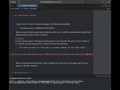 Swift Fundamentals book- 2.2: Strings: Exercises Page 1 - YouTube