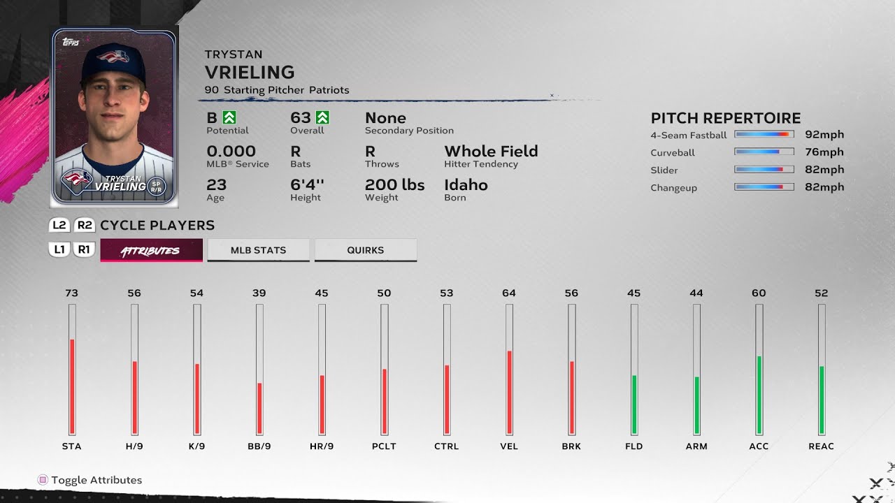 【MLBTheShow24Stats/メジャーリーグ選手能力】Yankees2A 90 Trystan Vrieling ヤンキース2A トリスタン・ブリーリング選手