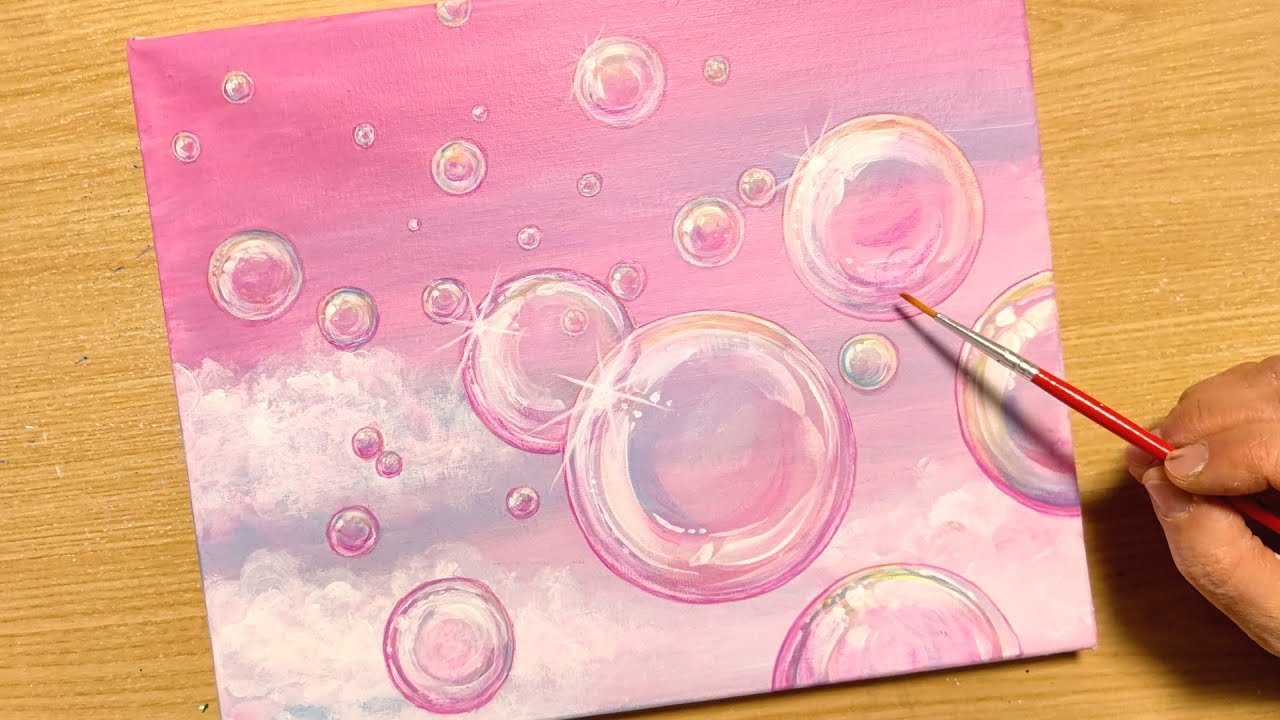 How To Draw Soap Bubbles In The Pink Sky With Acrylic Paint For Beginners Step By Step Youtube