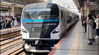 E257系2000番台ｵｵNA-01編成（トップナンバー）＋2500番台ｵｵNC-32編成が特急踊り子9号伊豆急下田行きとし横浜駅6番線に到着停車するシーン（3029M）2024.3.31.12:25