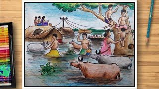 How To Draw Flood In Rainy Season | Scenery Of Village Flood Drawing | Village Drawing | Flood