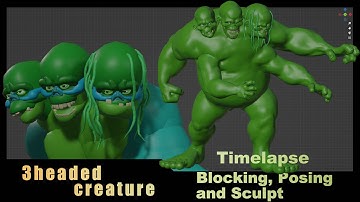 Timelapse blocking posing and sculpt 3headed creature in Blender with Blocksurfaces addon #sculpture