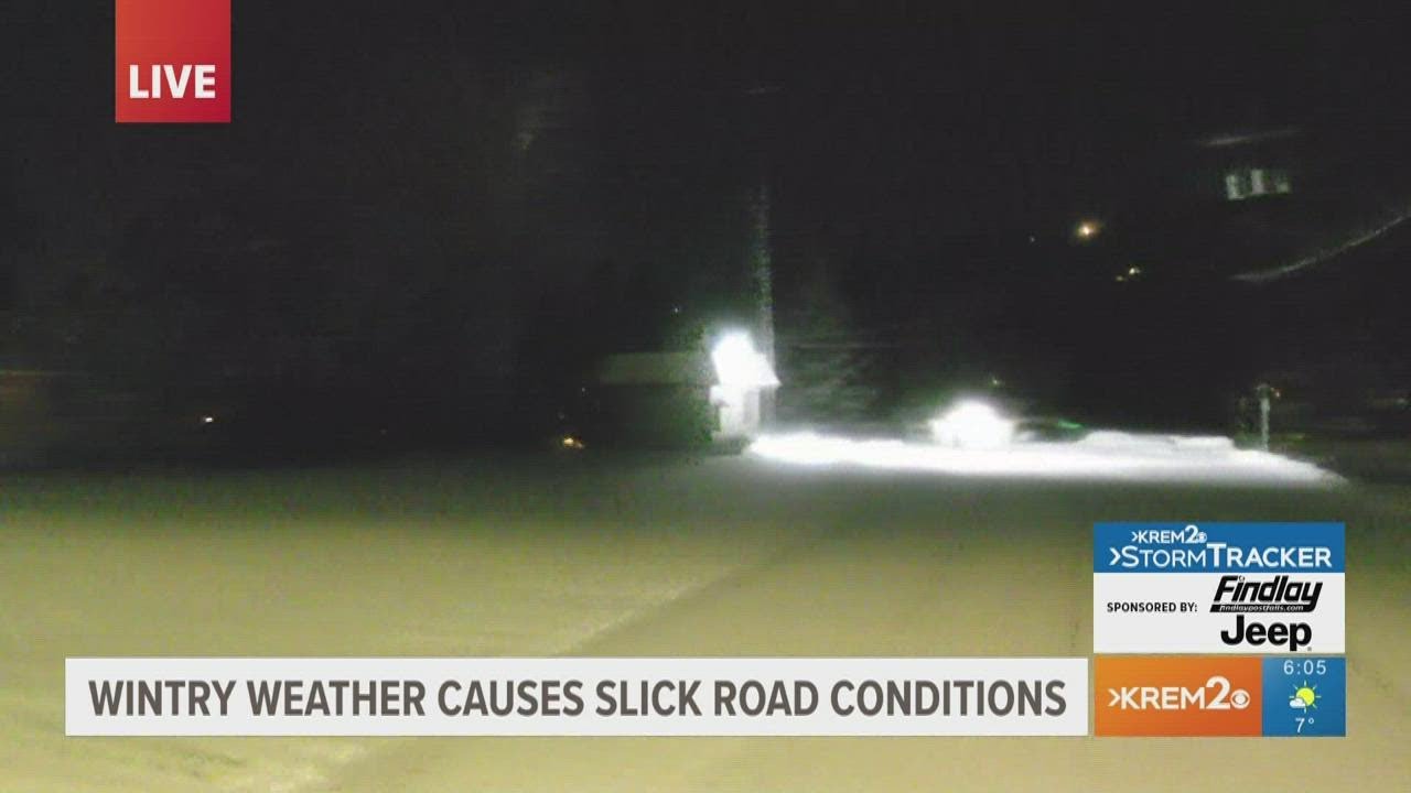 Slick road conditions in Spokane after snow - YouTube