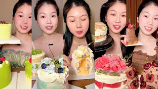 Matcha Cream Cake and Green Tea Mochi Dessert Soft Chewy ASMR Mukbang with Fresh Sweet Cake Bites