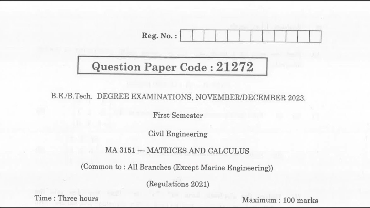 MA3151 | Matrices and Calculus | Nov Dec 2023 | Question Bank | - YouTube