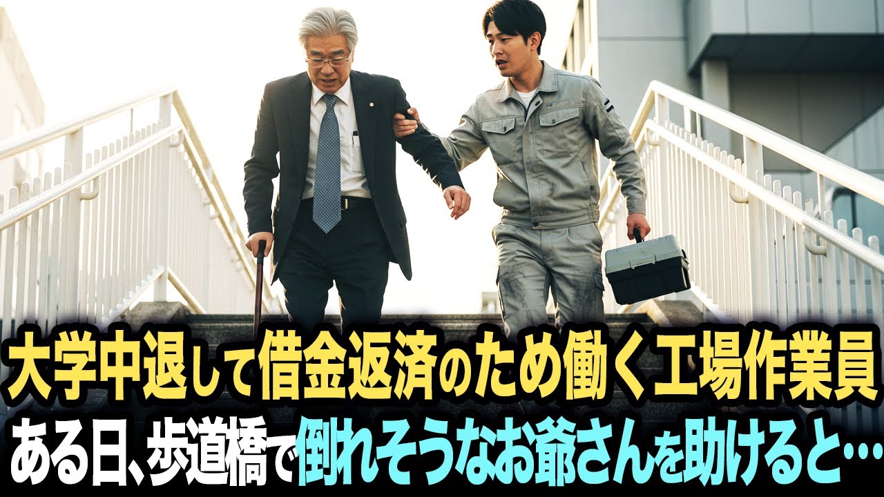 大学中退して借金返済のため働く工場作業員。ある日、歩道橋で杖をついて倒れそうなお爺さんを助けたところ…