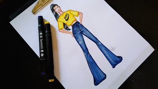 Fashion drawing /رسم تيشرت قصير مع سروال جينز خطوة بخطوة