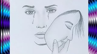 رسم تعبيري حزين وسهل | تعلم رسم وجه بنت حزينة تبكي من الداخل